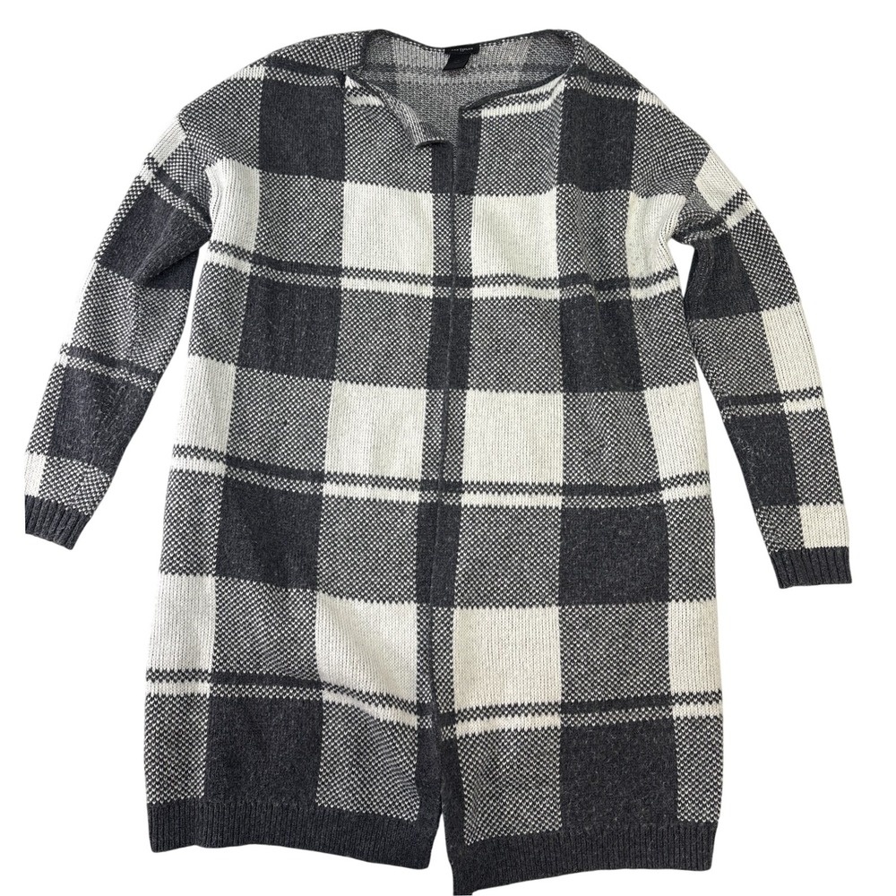 Ann‎ Taylor Womens Small Gray White Buffalo Plaid Open Front Longline Cardigan